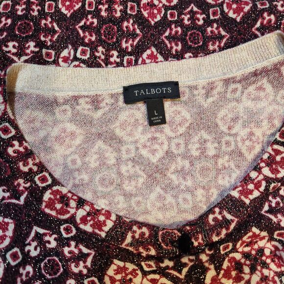 Talbots $100 Large Burgundy Geometric Print Metallic Shimmer Cardigan - Picture 5 of 8
